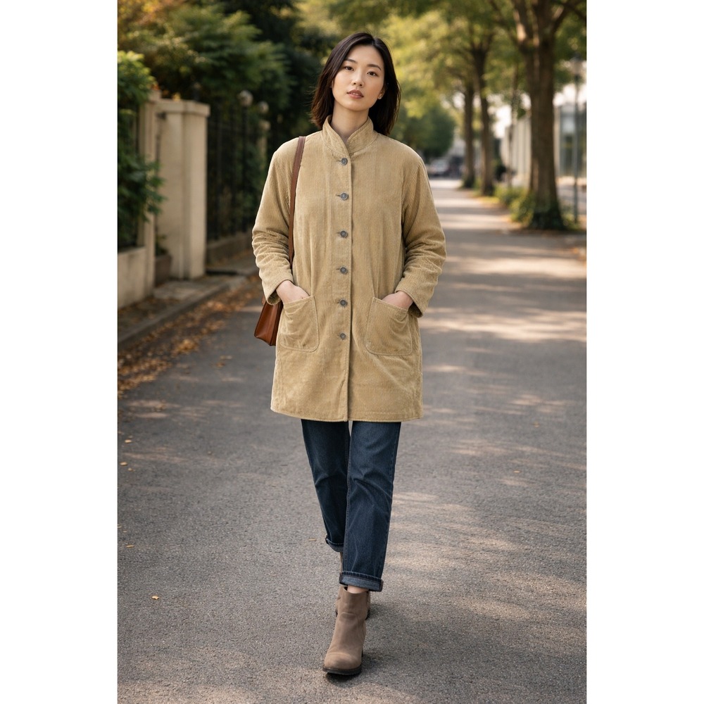 ORVIS Corduroy Barn Jacket 14 P Mandarin Collar Long Chore Coat  Tan (L668)
